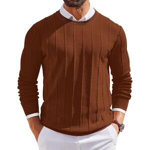 Men’s Crew Neck Sweater Long Sleeve Ribbed Knit Slim Fit Pullover Brown Dress